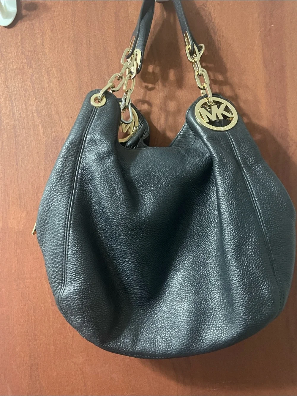 Wow! Michael Kors Black Leather Shoulder Hobo with Gold Logo Charm